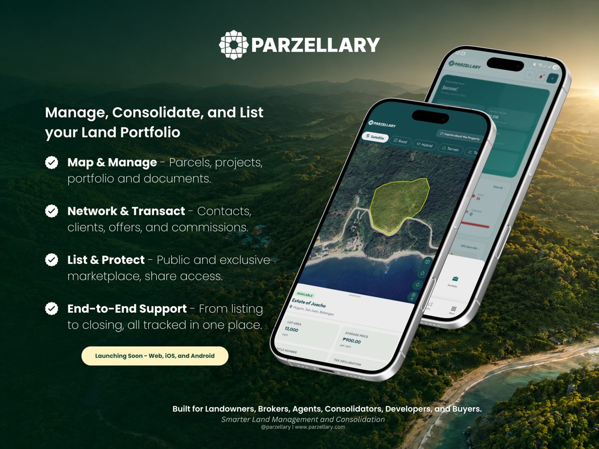Parzellary app screens showing land parcel mapping